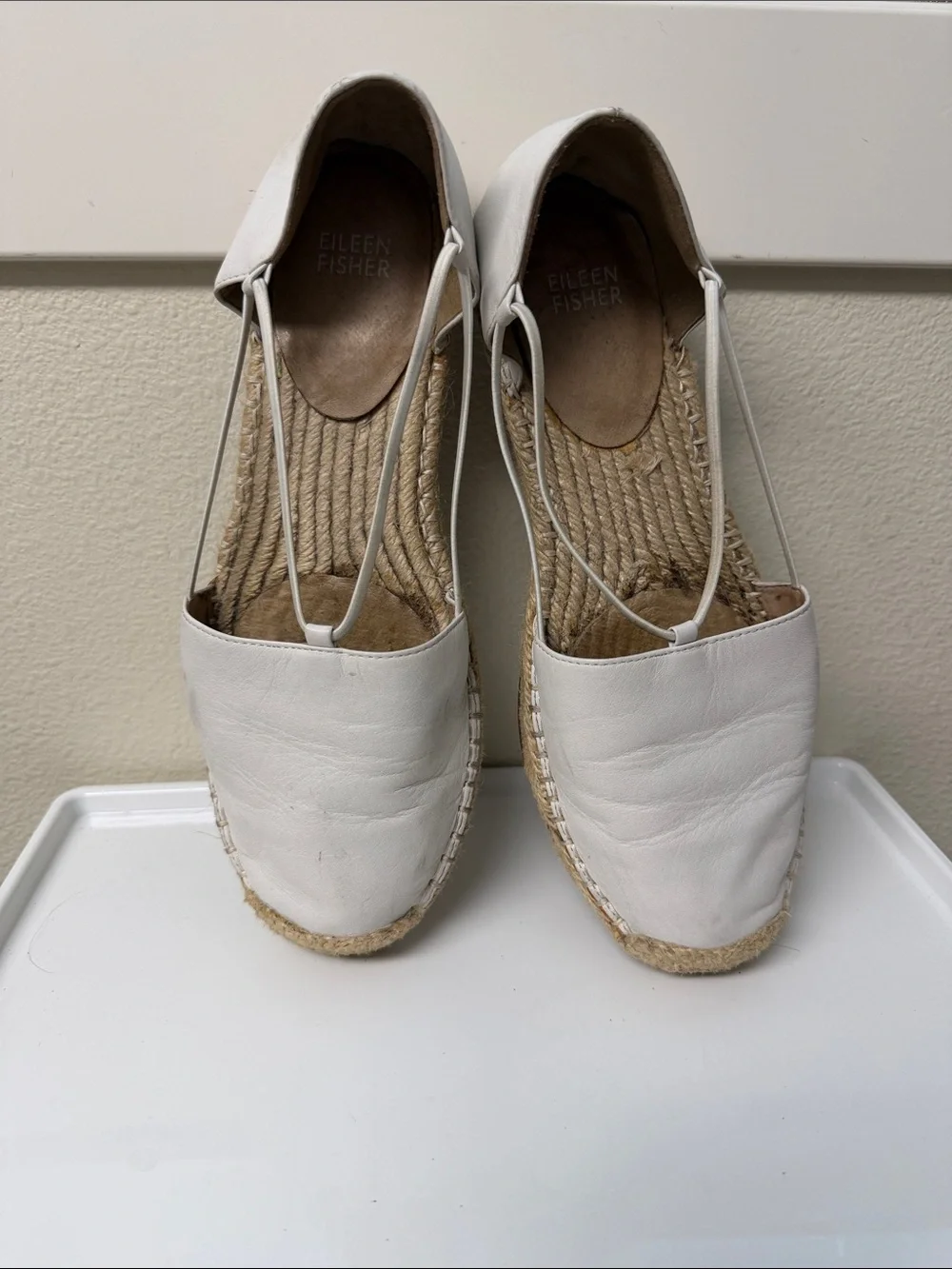 Eileen Fisher Creme White Leather Espadrille Flats with Elastic Straps Sz 9